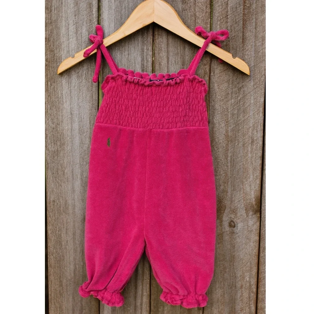 Ralph‎ Lauren Baby Girl sz 9 Mo Pink Terrycloth Rutched Ruffle One Piece Beachy